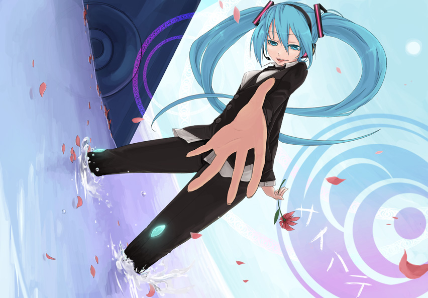 kaida michi, shatiko, hatsune miku, hatsune miku (saihate), saihate (vocaloid), vocaloid, 1girl, blue eyes, blue hair, female focus, flower, foreshortening, formal clothes, long hair, matching hair/eyes, outstretched arm, outstretched hand, pant suit, pants, reaching, solo, suit, twintails, water