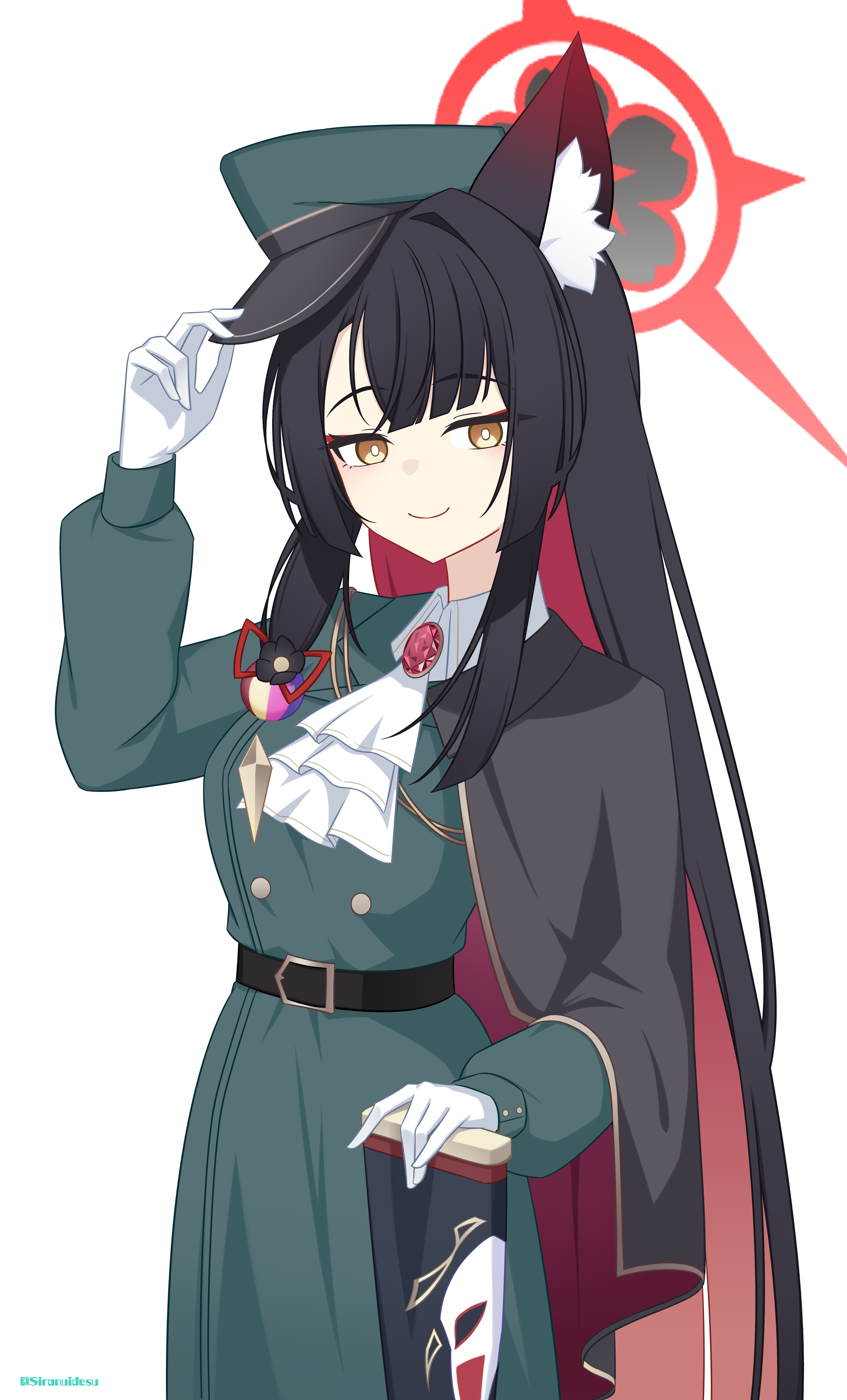 siranui desu, akira (blue archive), wakamo (blue archive), blue archive, absurdres, highres, 1girl, akira (blue archive) (cosplay), alternate costume, animal ears, ascot, black cape, black hair, blush, cape, closed mouth, coat, colored inner hair, cosplay, fox ears, fox girl, gloves, green coat, green hat, gun, halo, hat, holding, holding gun, holding weapon, looking at another, multicolored hair, peaked cap, red brooch, red hair, red halo, rifle, side cape, smile, solo, two-tone hair, weapon, white ascot, white gloves, yellow eyes