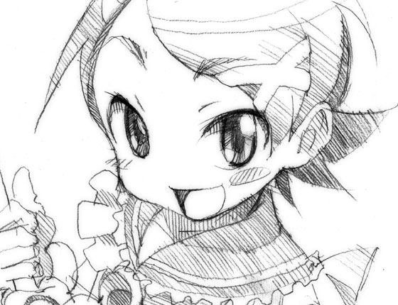 gofu, fuura kafuka, sayonara zetsubou sensei, traditional media, 00s, 1girl, blush, blush stickers, female focus, greyscale, hair ornament, looking at viewer, monochrome, open mouth, short hair, simple background, sketch, smile, solo, upper body, white background