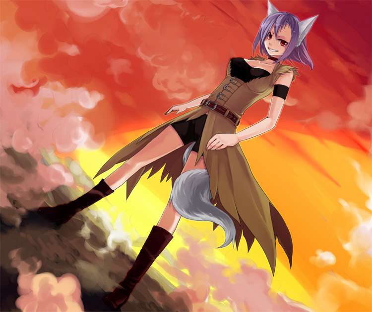 kaida michi, 1girl, animal ears, belt, breasts, female focus, grin, outdoors, purple hair, red eyes, shorts, sky, smile, solo, tail