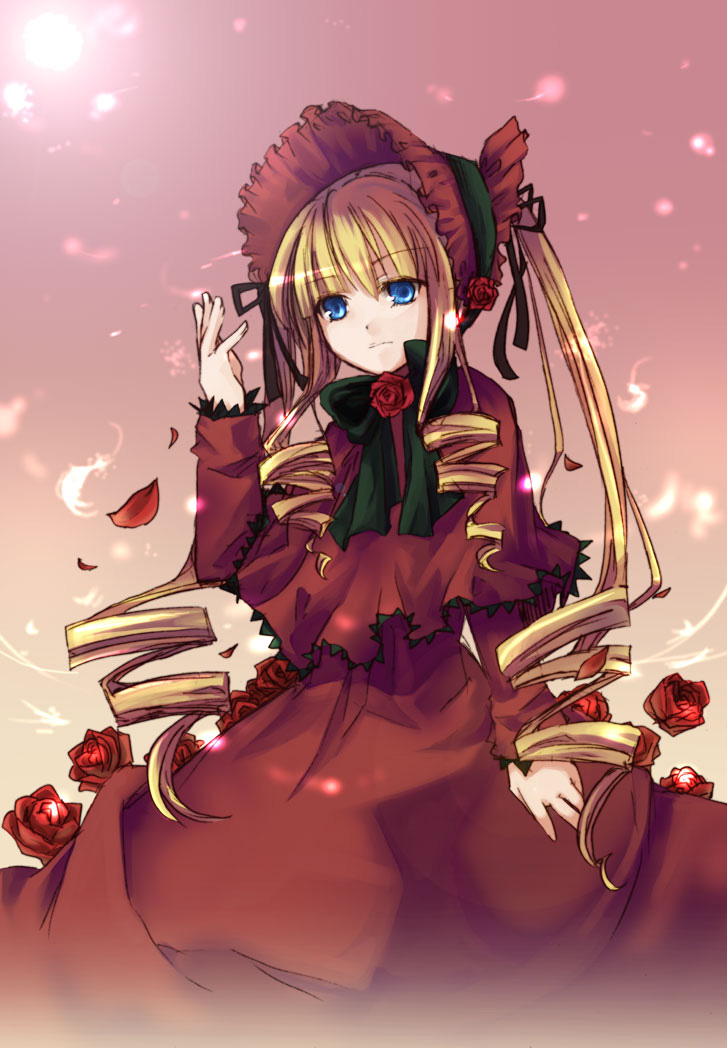 kaida michi, shinku, rozen maiden, 00s, 1girl, blonde hair, blue eyes, bonnet, bow, bowtie, dress, drill hair, expressionless, female focus, green bow, green bowtie, long hair, long sleeves, red dress, sidelocks, solo, standing, twin drills, twintails, very long hair