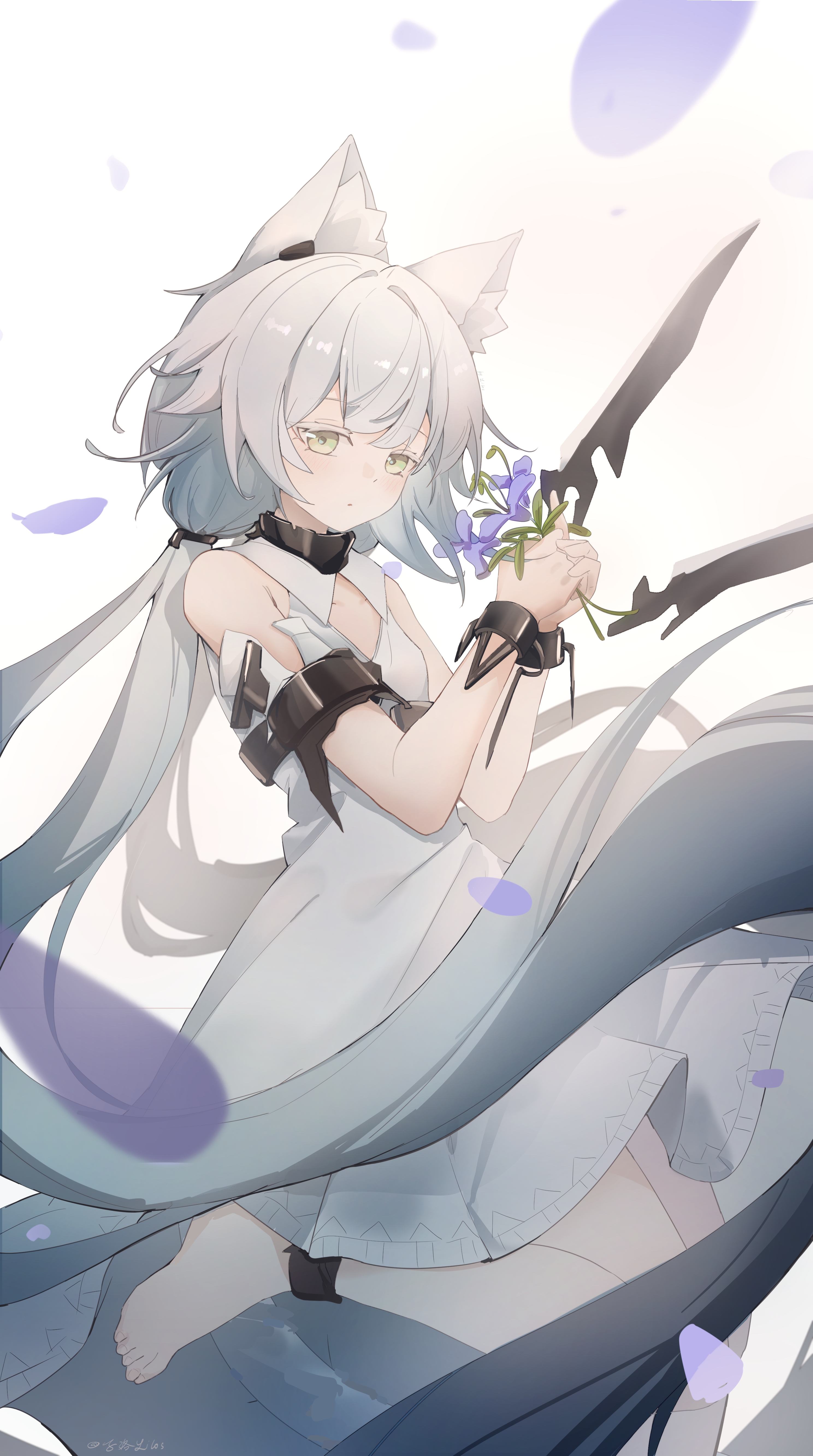rosmontis (arknights), arknights, absurdres, chinese commentary, commentary request, highres, 1girl, animal ear fluff, animal ears, bare shoulders, barefoot, cleavage cutout, closed mouth, clothing cutout, dress, flower, green eyes, grey dress, holding, holding flower, long hair, looking at viewer, own hands together, purple flower, simple background, sleeveless, sleeveless dress, solo, toes, white background, zi luo (zilos)
