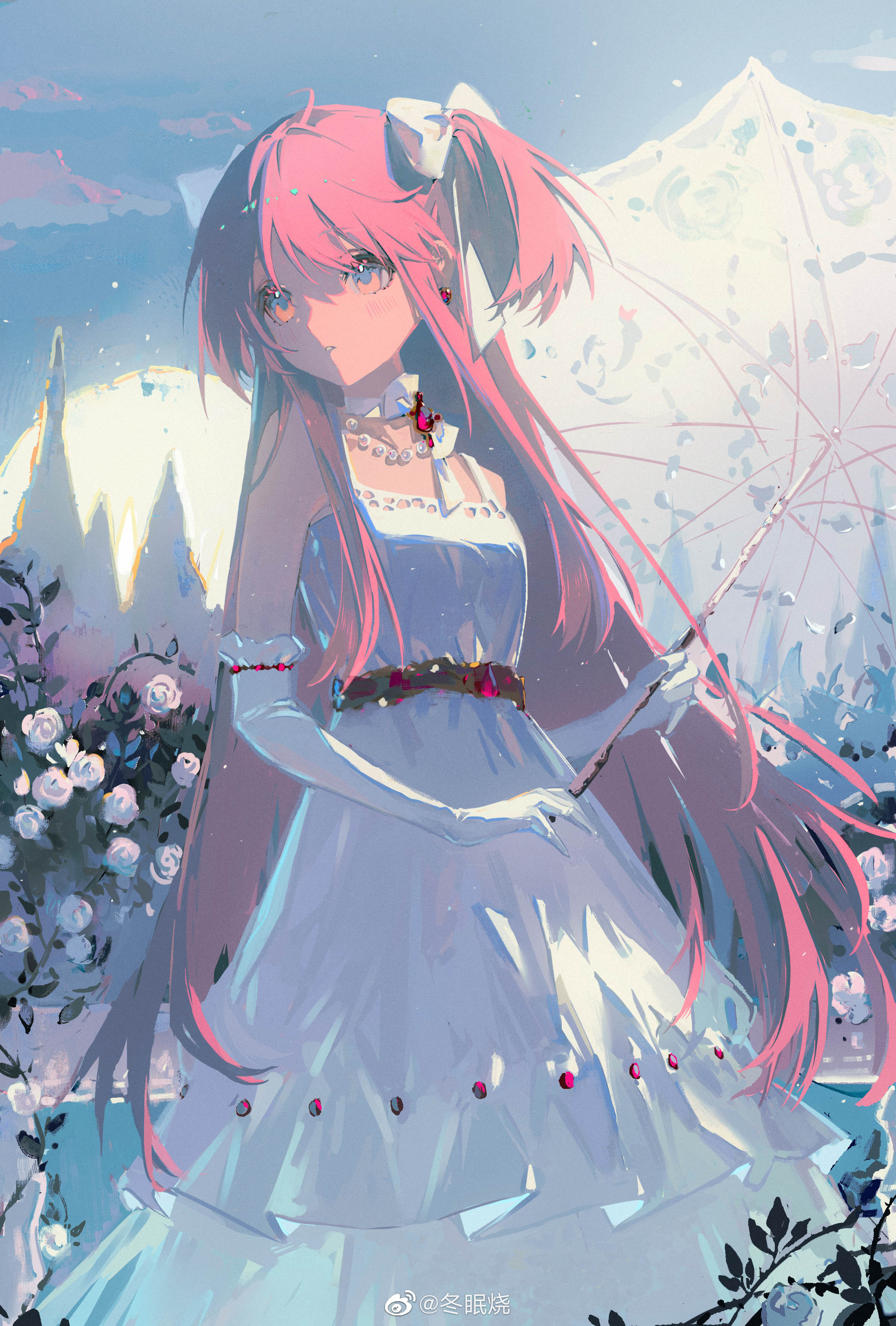 sliencio, kaname madoka, mahou shoujo madoka magica, absurdres, chinese commentary, commentary request, highres, 1girl, bare shoulders, blue sky, bow, bow choker, choker, cowboy shot, dress, earrings, elbow gloves, flower, frilled gloves, frills, gem, gloves, hair bow, holding, holding umbrella, jewelry, light blush, long dress, long hair, looking to the side, necklace, outdoors, parted lips, pearl necklace, pink eyes, pink gemstone, pink hair, pleated dress, short twintails, sky, solo, standing, sun, turning head, twintails, umbrella, very long hair, watermark, weibo watermark, white bow, white choker, white dress, white flower, white gloves, white umbrella
