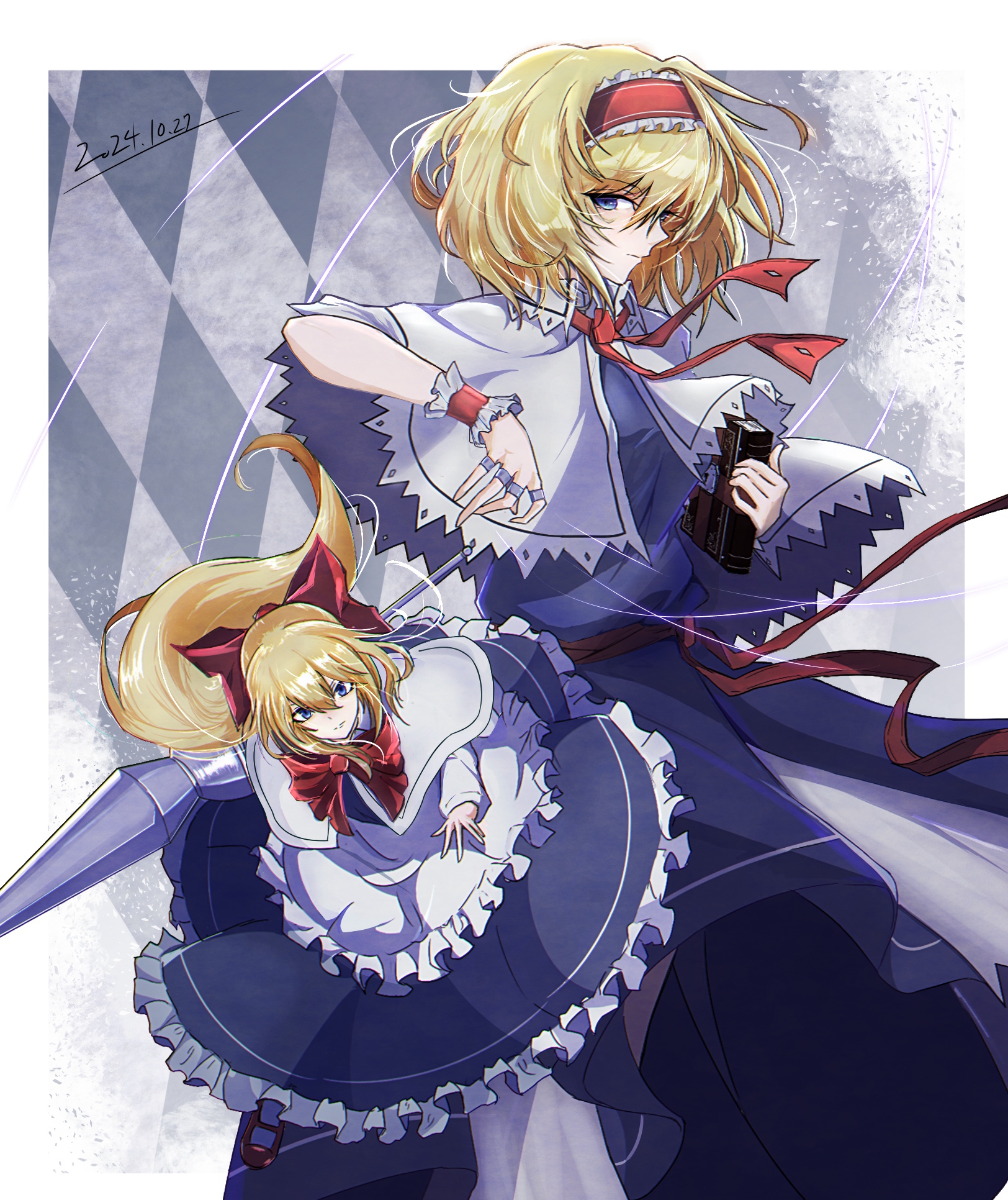 alice margatroid, shanghai doll, touhou, highres, apron, argyle background, blonde hair, blue dress, blue eyes, book, bow, capelet, dress, frilled dress, frilled hairband, frilled wrist cuffs, frills, hair bow, hairband, holding, holding book, holding polearm, holding weapon, jewelry, neck ribbon, polearm, ponytail, puppet rings, red bow, red hairband, red ribbon, red wrist cuffs, ribbon, ring, saki9671, short sleeves, waist ribbon, weapon, white apron, white capelet, wrist cuffs