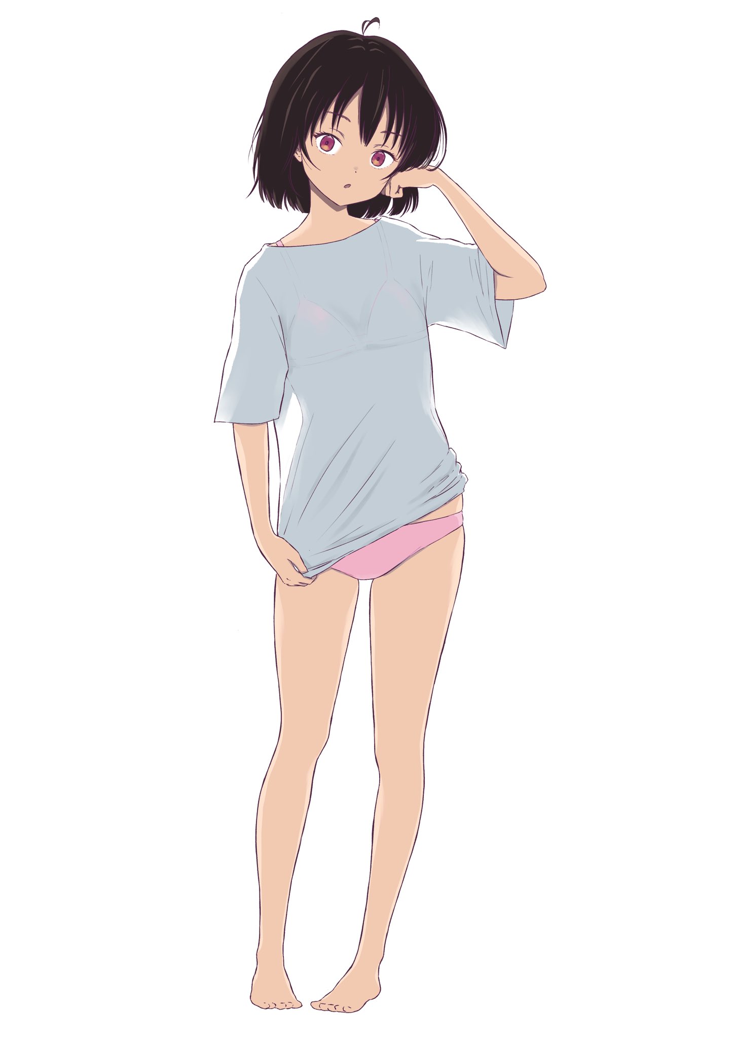 rora (user vgpk4444), character request, commentary request, copyright request, highres, 1girl, :o, ahoge, arm at side, barefoot, black hair, bra visible through clothes, expressionless, full body, hand up, looking at viewer, no pants, panties, parted lips, pigeon-toed, pink panties, purple eyes, shirt, shirt tug, short sleeves, simple background, solo, standing, straight-on, t-shirt, underwear, white background, white shirt