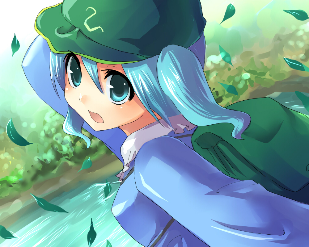 kobanzame, kawashiro nitori, touhou, bad id, bad pixiv id, 1girl, :o, backpack, bag, blue eyes, blue hair, blush, day, falling leaves, female focus, flat cap, from behind, hat, leaf, looking at viewer, looking back, matching hair/eyes, open mouth, outdoors, randoseru, river, solo, twintails, water, wind