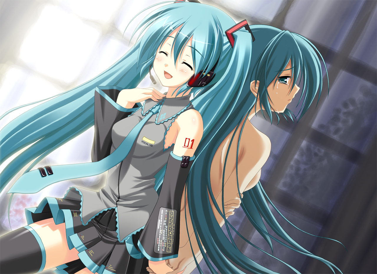 skywaker, hatsune miku, vocaloid, 2girls, ^ ^, aqua hair, blouse, closed eyes, dual persona, long hair, multiple girls, shirt, sleeveless, sleeveless shirt, tattoo, tears, thighhighs, time paradox, twintails, very long hair, zettai ryouiki