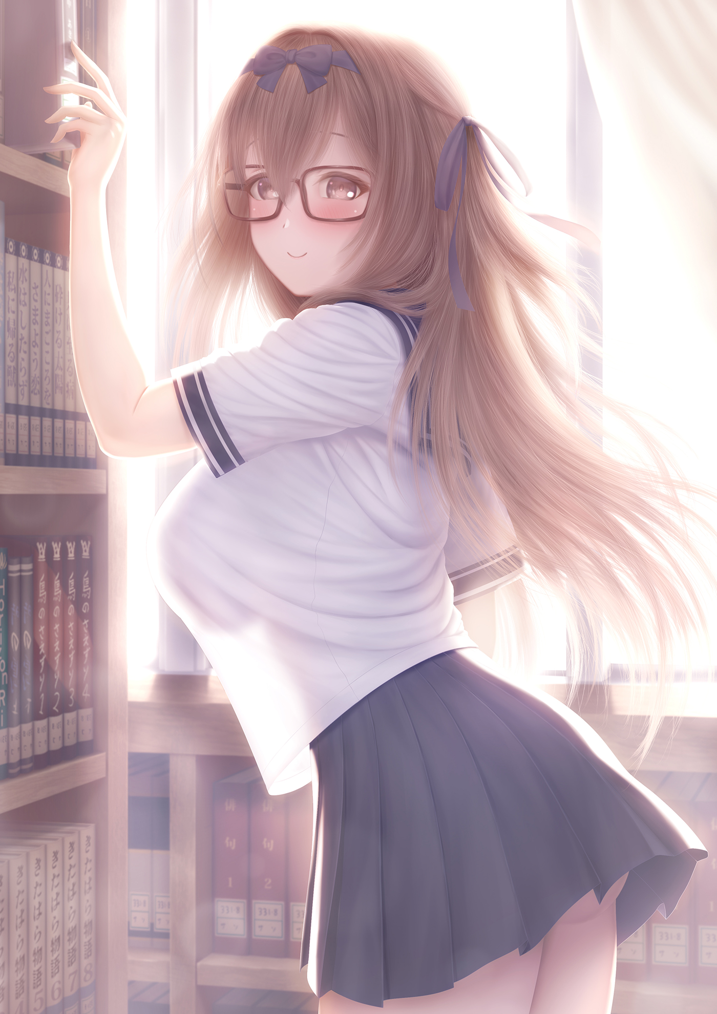 masatoki, original, commentary request, highres, 1girl, black skirt, blush, bookshelf, bow, breasts, brown eyes, brown hair, closed mouth, day, from side, glasses, hair between eyes, hair bow, hair ribbon, hand up, indoors, large breasts, long hair, looking at viewer, pleated skirt, purple bow, purple ribbon, ribbon, shirt, skirt, smile, very long hair, white shirt