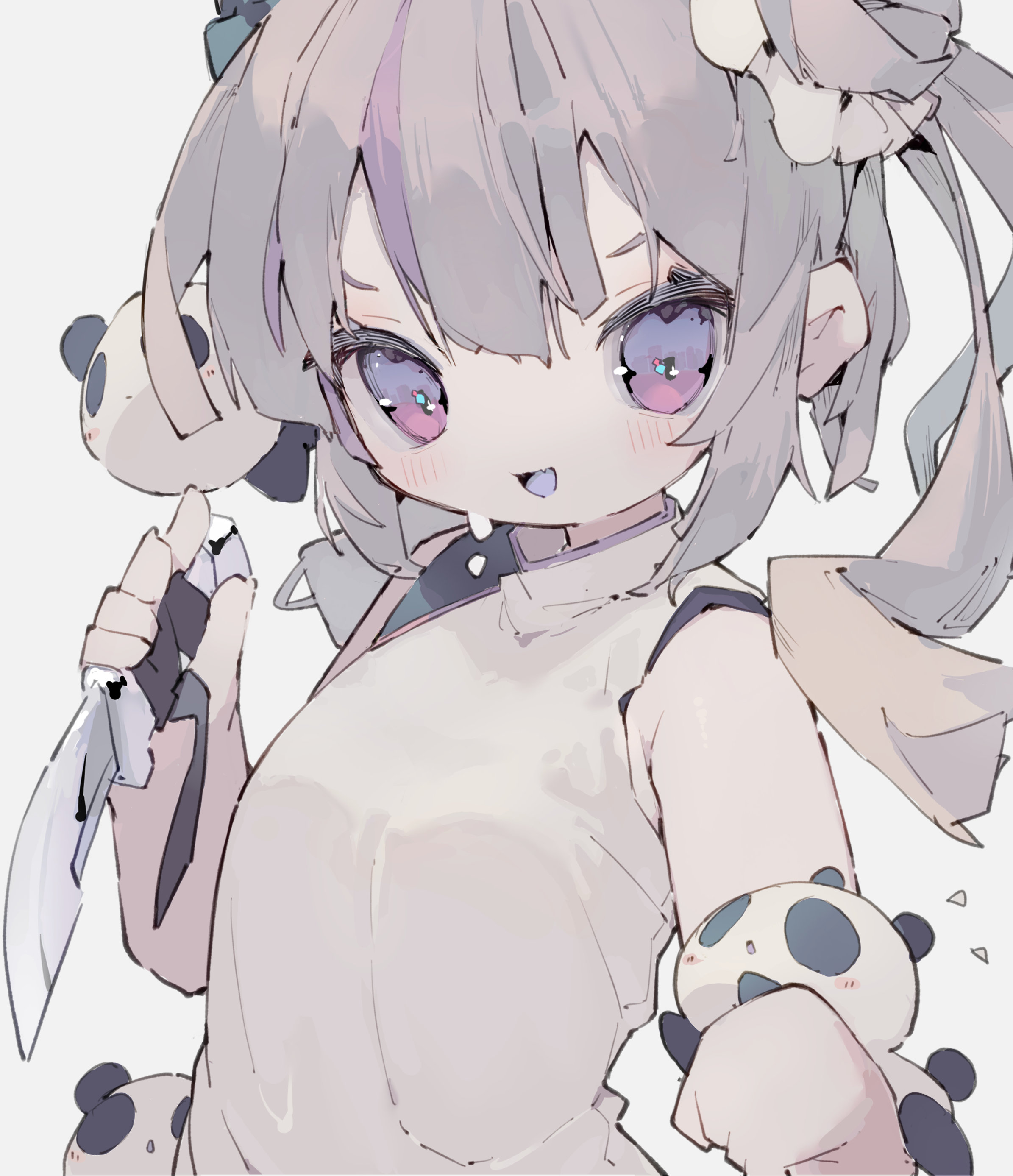 nep (nep 76), original, absurdres, commentary, highres, 1girl, breasts, china dress, chinese clothes, dated commentary, dress, grey hair, holding, holding knife, knife, looking at viewer, medium hair, open mouth, purple eyes, simple background, sleeveless, sleeveless dress, small breasts, solo, twintails, white background, white dress