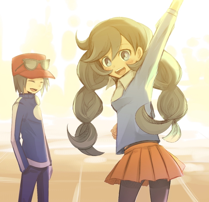 ric (aceradio), calem (pokemon), emma (pokemon), nintendo, pokemon, pokemon xy, commentary request, 1boy, 1girl, arm up, black hair, black pantyhose, blue cardigan, blue jacket, blue pants, cardigan, closed eyes, collared shirt, jacket, long hair, looking at viewer, orange skirt, pants, pantyhose, pleated skirt, shirt, skirt, teeth, upper teeth only, white shirt