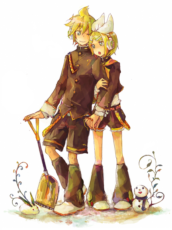 den, kagamine len, kagamine rin, vocaloid, 1boy, 1girl, ;), arm hug, black leg warmers, blonde hair, blue eyes, bow, bow headband, chestnut mouth, closed mouth, gakuran, hair ornament, hairclip, headphones, holding, holding shovel, leg warmers, long sleeves, one eye closed, open mouth, ponytail, school uniform, short hair, short ponytail, shorts, shovel, smile, snow rabbit, snowman