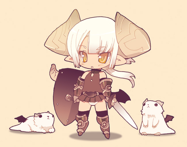 blade (galaxist), bad id, bad pixiv id, tagme, chibi, demon girl, horns, orange eyes, solo, white hair