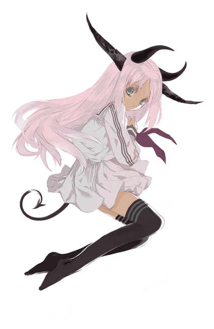 ni (2shi), original, bad id, bad pixiv id, grey eyes, horns, pink hair, school uniform, serafuku, thighhighs, zettai ryouiki
