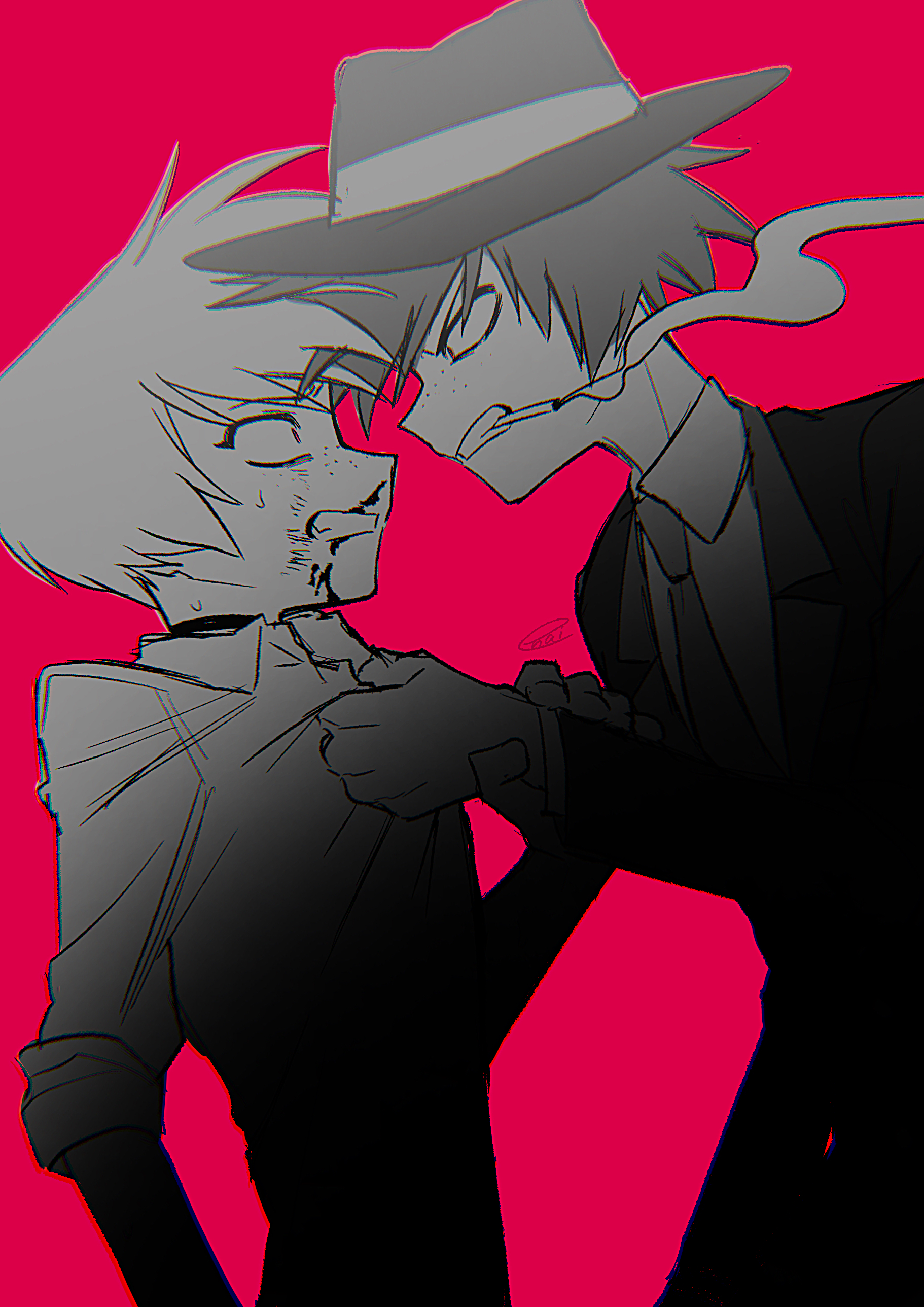 menma (enaic31), angel dust, arackniss, hazbin hotel, hellaverse, absurdres, commentary request, highres, 2boys, angry, blood, blood from mouth, brothers, choker, chromatic aberration, cigarette, clenched teeth, collared shirt, cowboy shot, eye contact, fedora, freckles, from side, greyscale with colored background, hand on another's wrist, hat, humanization, jacket, layered sleeves, long sleeves, looking at another, male focus, mouth hold, multiple boys, necktie, nosebleed, profile, pulling another's clothes, red background, shirt, short hair, siblings, signature, simple background, smoke, standing, sweat, teeth, three-quarter sleeves, upper body, v-shaped eyebrows, wide-eyed