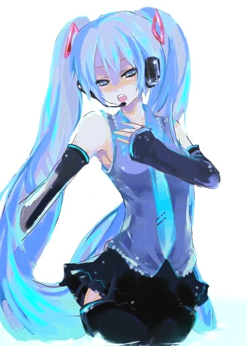 hiro (pixiv), hatsune miku, vocaloid, bad id, bad pixiv id, 1girl, blue eyes, blue hair, blue theme, detached sleeves, female focus, headset, long hair, matching hair/eyes, miniskirt, open mouth, simple background, skirt, solo, thighhighs, twintails