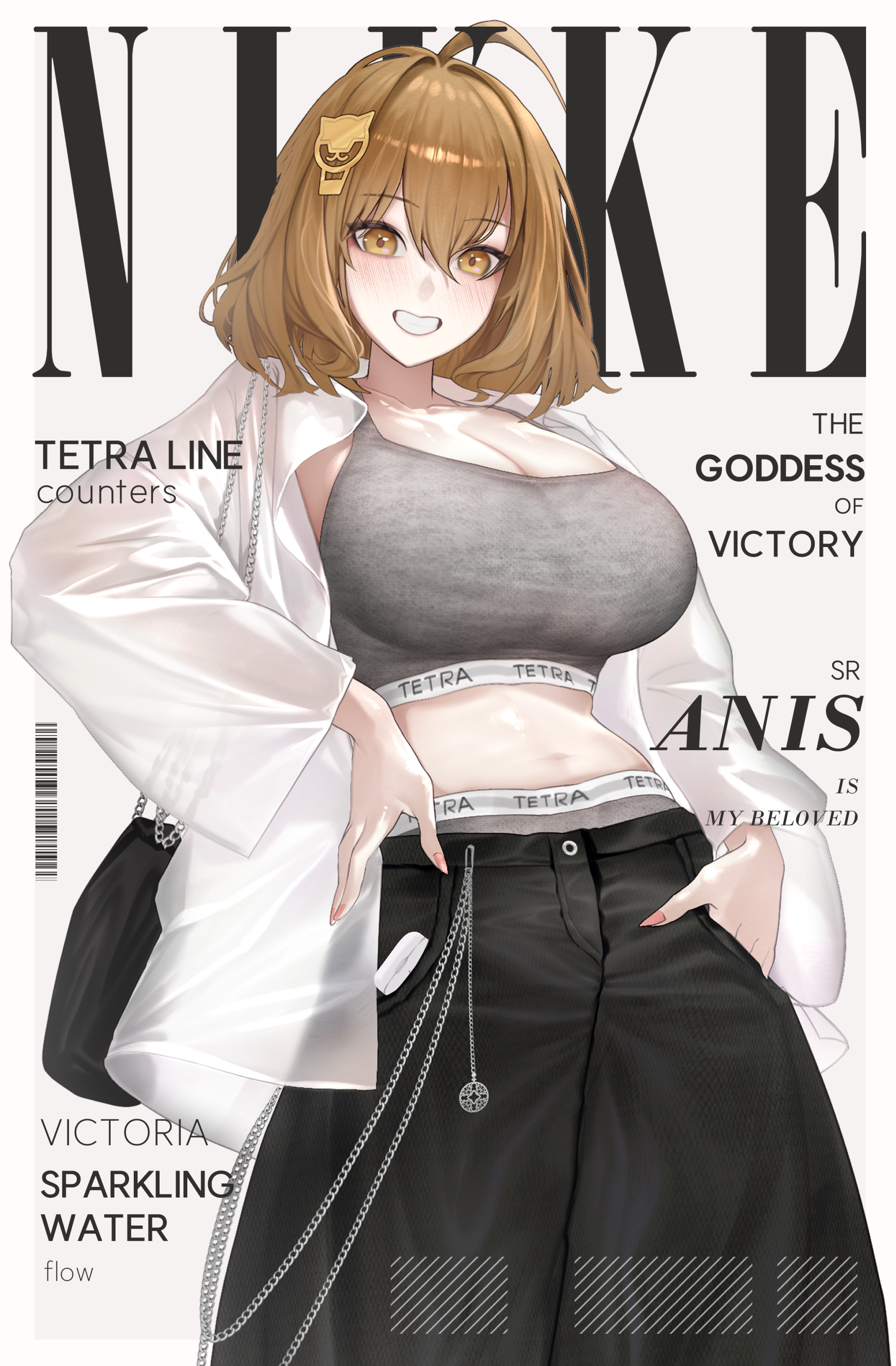 houh888, anis (nikke), goddess of victory: nikke, absurdres, commentary, english commentary, highres, 1girl, ahoge, alternate costume, black pants, breasts, brown hair, cleavage, cover, english text, fake magazine cover, grey panties, grey sports bra, large breasts, magazine cover, midriff, navel, open clothes, open shirt, panties, pants, pink nails, shirt, short hair, smile, solo, sports bra, underwear, white shirt
