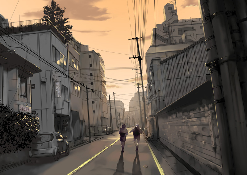 hanaosutarou, original, 1boy, 1girl, car, dutch angle, motor vehicle, power lines, realistic, road, scenery, slice of life, street, sunset, utility pole, vanishing point, very wide shot