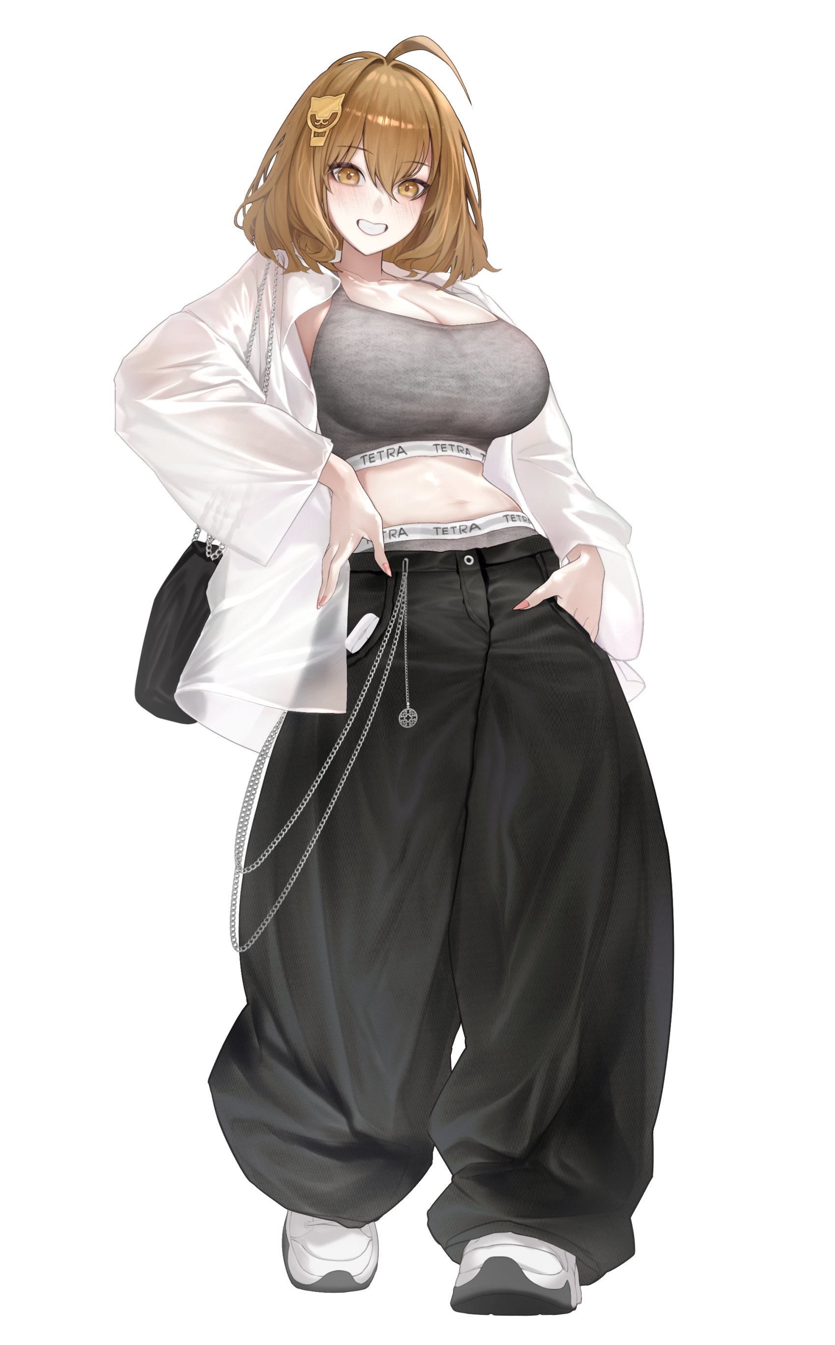 houh888, anis (nikke), goddess of victory: nikke, absurdres, commentary, highres, 1girl, ahoge, alternate costume, black pants, breasts, brown hair, cleavage, grey panties, grey sports bra, large breasts, looking at viewer, navel, open clothes, open shirt, panties, pants, pink nails, shirt, shoes, short hair, simple background, smile, solo, sports bra, underwear, white background, white shirt, white shoes