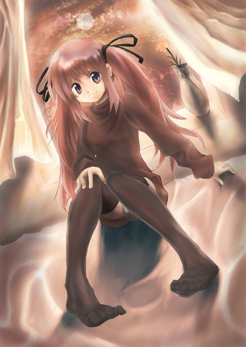 byakugetsu, 1girl, bed, female focus, indoors, moon, night, panties, red eyes, red hair, ribbon, sitting, solo, thighhighs, twintails, underwear, window