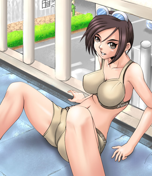 mokusa, may lee, snk, the king of fighters, 1girl, bike shorts, bra, brown eyes, brown hair, female focus, lingerie, panties, short hair, shorts, solo, sports bra, underwear, underwear only