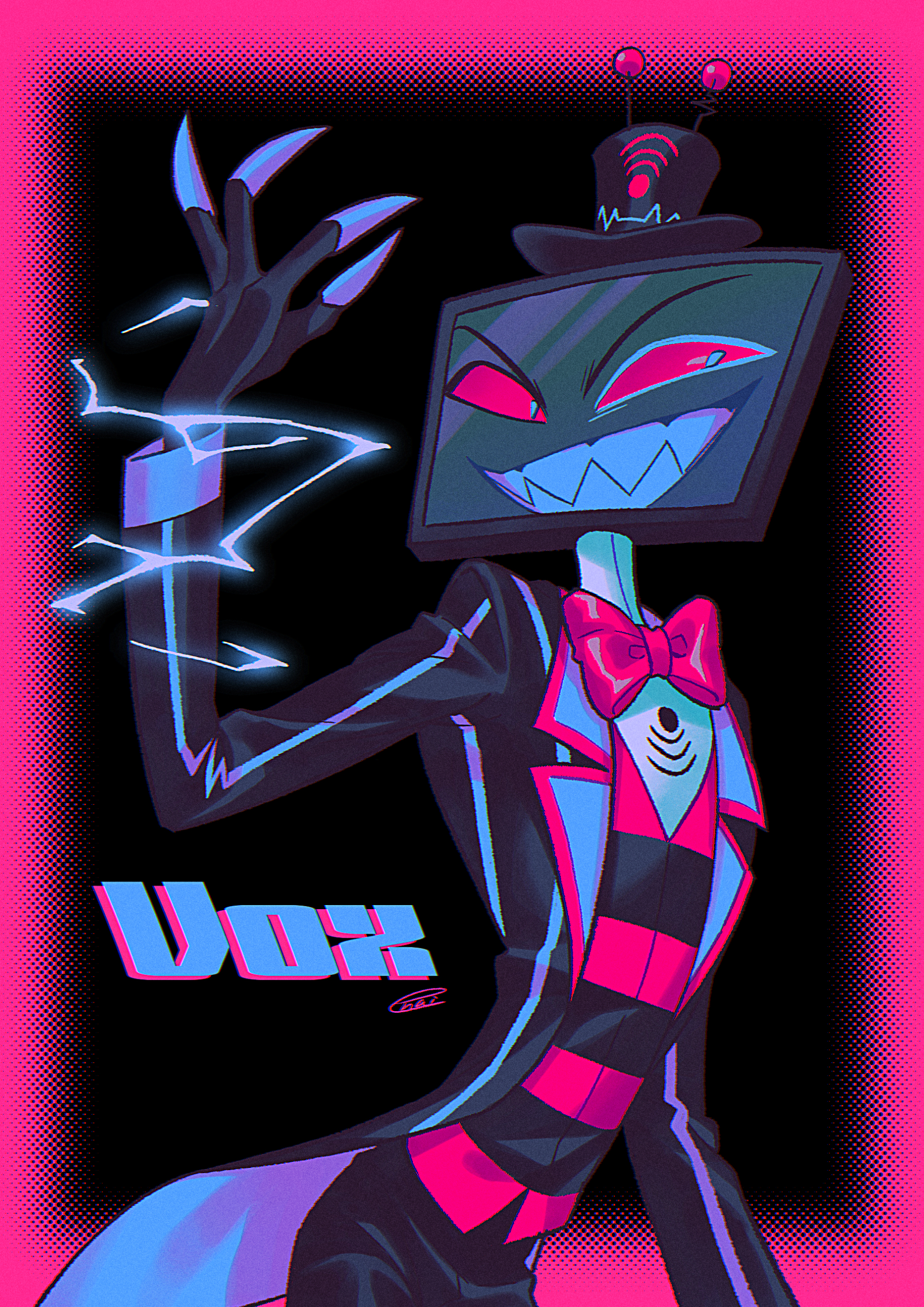 menma (enaic31), vox (hazbin hotel), hazbin hotel, hellaverse, absurdres, commentary request, highres, 1boy, :d, arm up, black background, black coat, black hat, black pants, black vest, blue coat, blue eyes, blue teeth, border, bow, bowtie, character name, chromatic aberration, coat, colored sclera, colored teeth, cowboy shot, electricity, fewer digits, film grain, grin, halftone, halftone background, hat, lapels, long sleeves, looking at viewer, male focus, notched lapels, object head, open mouth, outside border, pants, pink border, radio antenna, red bow, red bowtie, red sclera, red vest, sharp teeth, shirt, simple background, smile, solo, standing, striped clothes, striped vest, teeth, television, top hat, traditional bowtie, two-sided coat, two-sided fabric, two-tone vest, v-shaped eyebrows, vest, white shirt