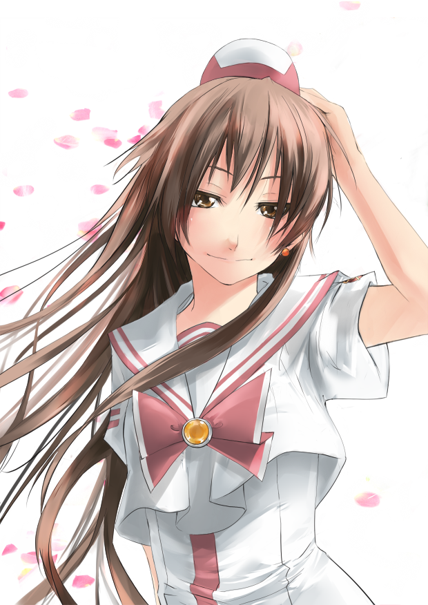 wander (artist), wander (cordabyss), akira ferrari, aria (manga), 00s, 1girl, adjusting hair, arm up, brown eyes, brown hair, earrings, female focus, hat, jewelry, long hair, mini hat, mini top hat, petals, ribbon, school uniform, serafuku, simple background, smile, solo, top hat, wind