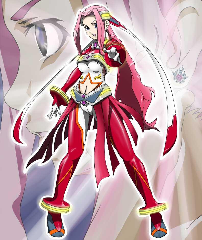 nama (namaiki), darry adai, my-otome, my-otome s.ifr, tengen toppa gurren lagann, bad id, bad pixiv id, 1girl, bodysuit, cosplay, crossover, midriff, navel, parody, pink hair, ponytail