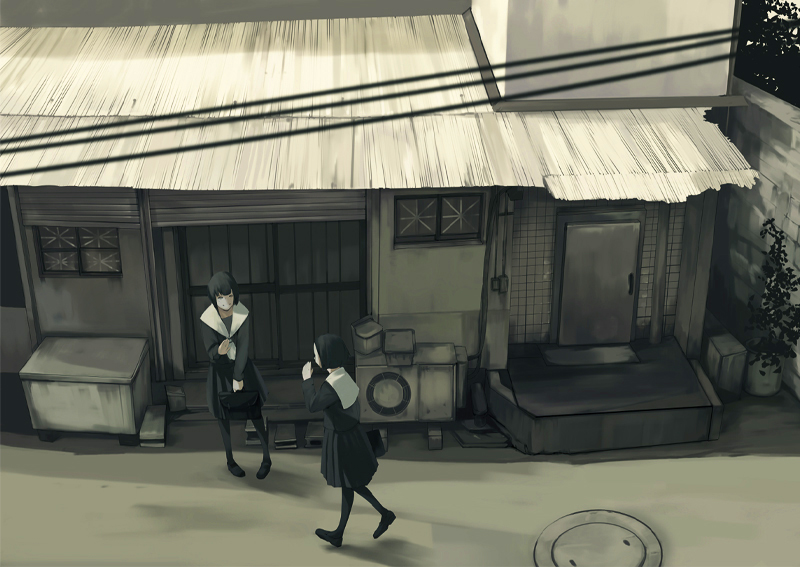 hanaosutarou, original, 2girls, house, multiple girls, pantyhose, pigeon-toed, school uniform, serafuku, skirt, slice of life, thighhighs, walking, waving