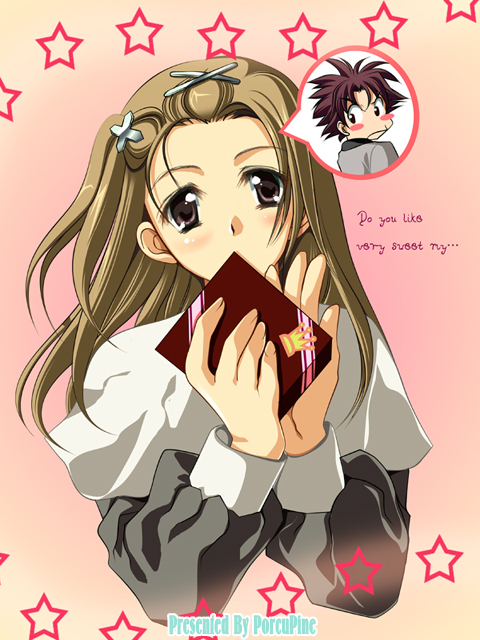 aoi yuuji, blush, brown hair, english text, engrish text, grey eyes, hair ornament, hairclip, long hair, ranguage