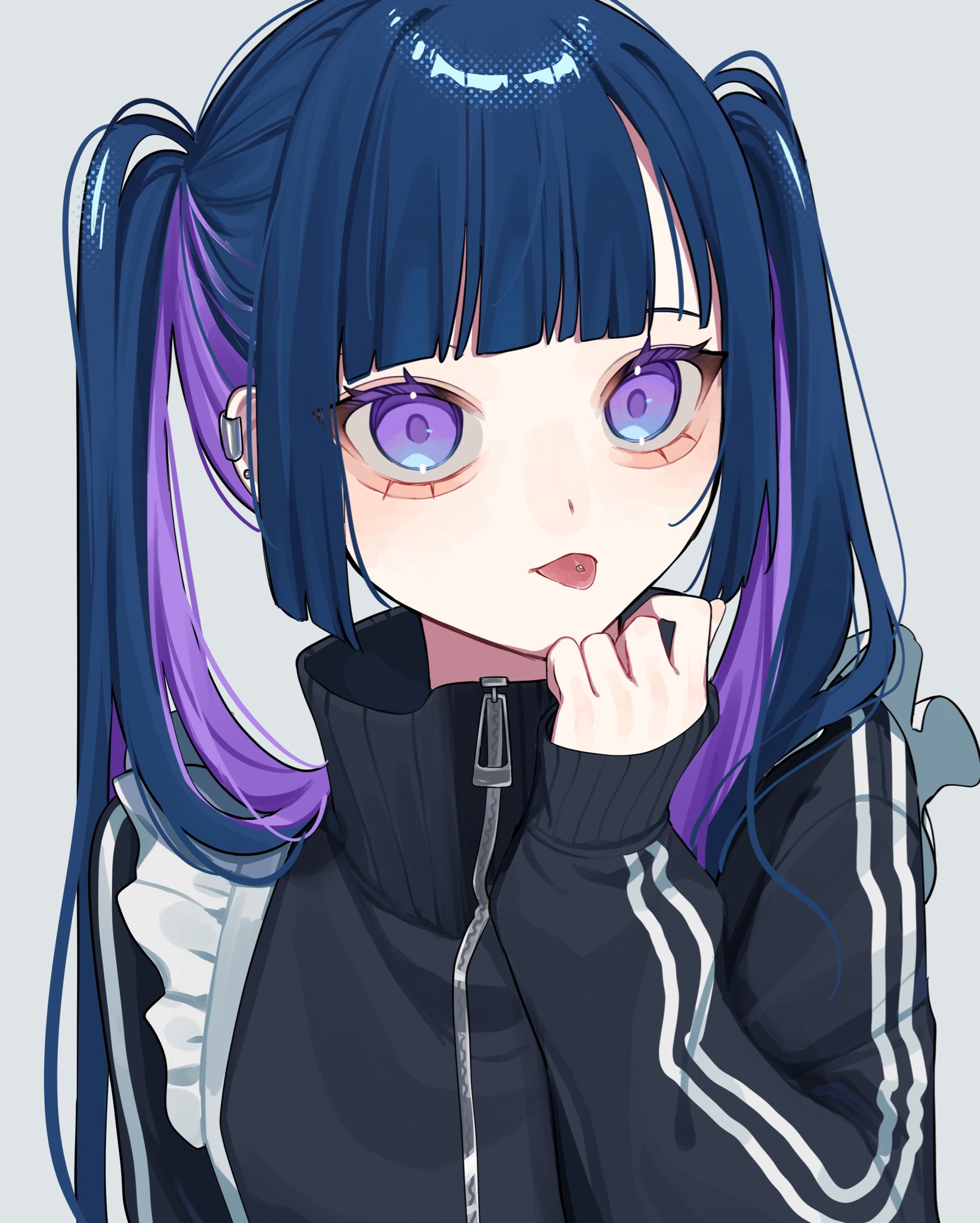yoruse, original, highres, 1girl, blue hair, jersey, multicolored hair, piercing, purple eyes, solo, streaked hair, tongue, tongue out, tongue piercing, twintails, two-tone hair, zipper