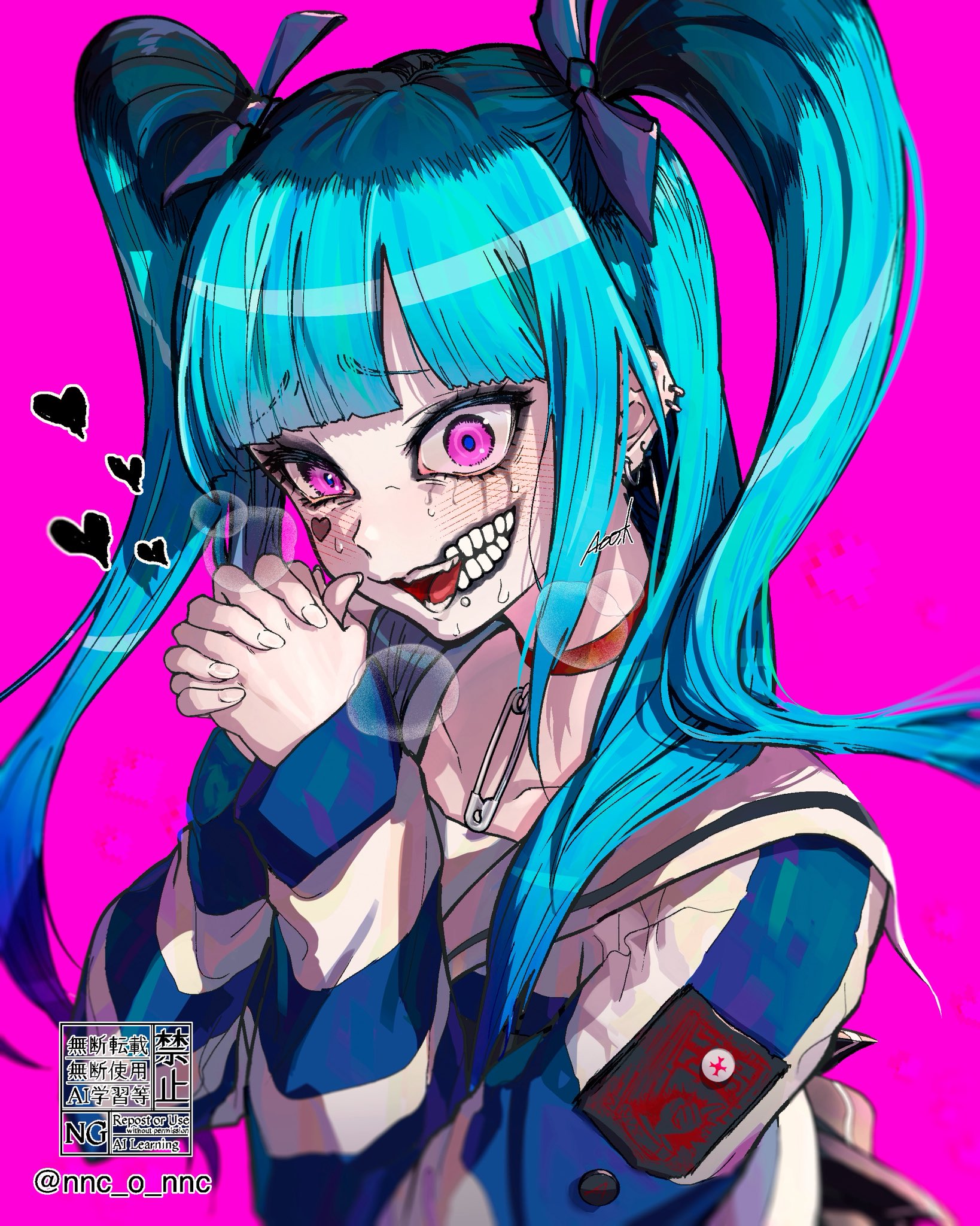 amemiya darumi, the hundred line -last defense academy-, commentary request, highres, 1girl, black bow, black hair, blue hair, blue shirt, bow, choker, collarbone, facial mark, grin, hair bow, heart, heart facial mark, long hair, makeup, multicolored hair, nnc o nnc, own hands clasped, own hands together, pink background, pink eyes, red choker, roots (hair), runny makeup, safety pin, shirt, smile, solo, striped clothes, striped shirt, teeth, twintails, twitter username, two-tone shirt, upper body, watermark, white shirt, wide-eyed