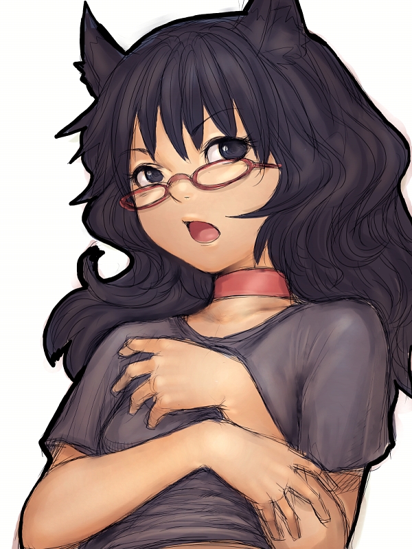 fumio (rsqkr), 1girl, animal ears, black eyes, black hair, choker, female focus, flat chest, glasses, long hair, solo, upper body