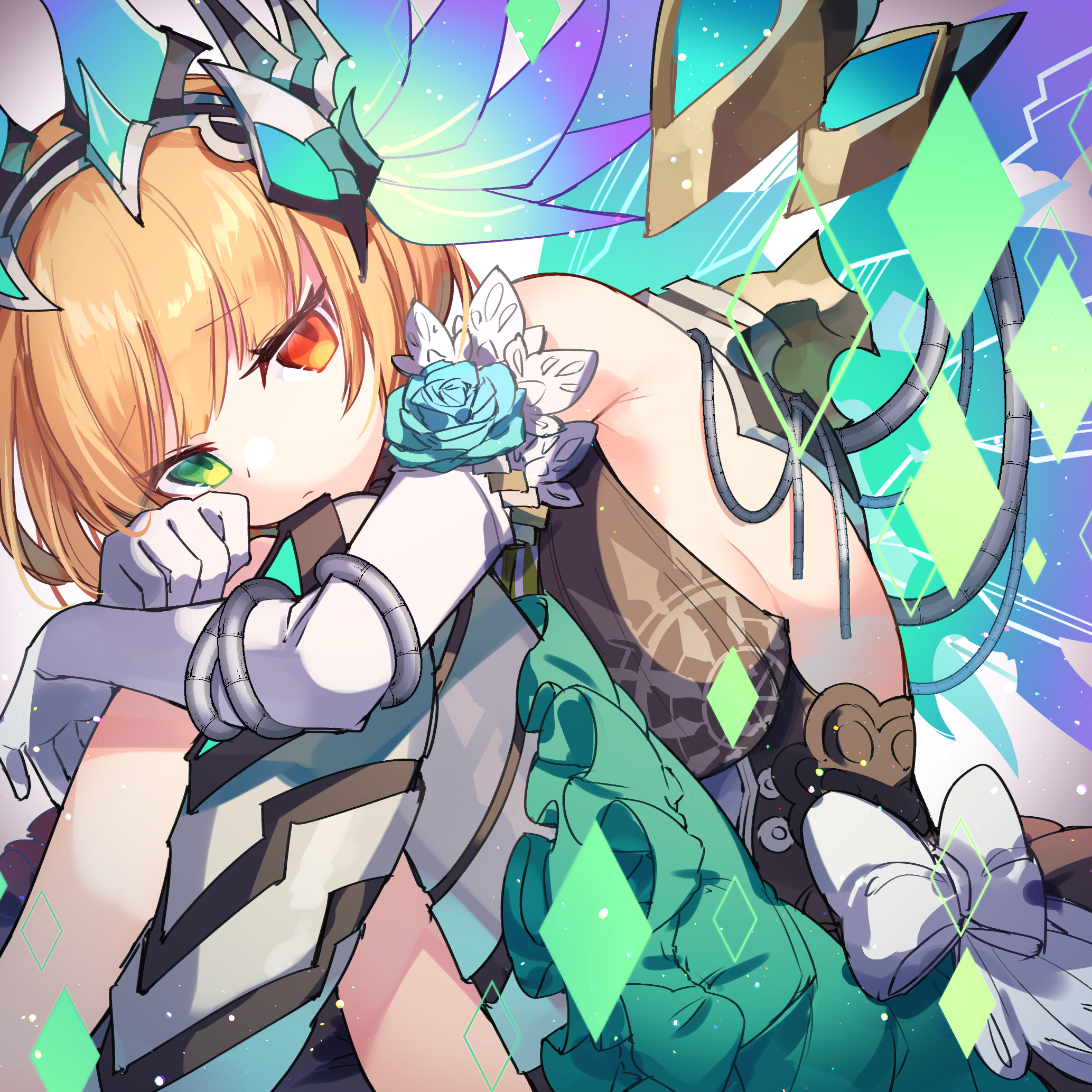 kuuron (moesann17), spica (p&d), puzzle & dragons, highres, 1girl, asymmetrical legwear, backless outfit, blonde hair, blue flower, blue rose, bow, cable, curled up, elbow gloves, fetal position, flower, frilled skirt, frills, gloves, green eyes, headpiece, heterochromia, hugging own legs, mechanical wings, red eyes, rose, short hair, skirt, solo, white bow, wings