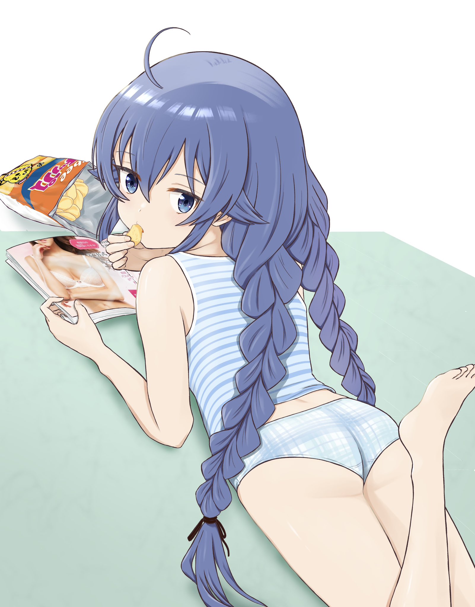 rora (user vgpk4444), roxy migurdia, mushoku tensei, braided twintails, commentary request, highres, 1girl, arm support, ass, bag of chips, bare legs, barefoot, blue eyes, blue panties, braid, chips (food), choppy bangs, crotch seam, eating, food, foot out of frame, foot up, green background, hair between eyes, long bangs, long hair, looking at viewer, looking back, low twintails, lying, magazine (object), no pants, on stomach, panties, photo (object), plaid clothes, plaid panties, pornography, potato chips, purple hair, shirt, sleeveless, sleeveless shirt, solo, striped clothes, striped shirt, turning head, twintails, two-tone background, underwear, very long hair, white background