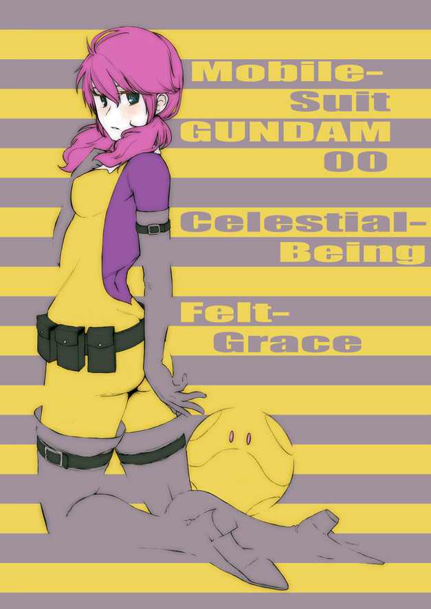 tanaka hirotaka, feldt grace, haro, gundam, gundam 00, 00s, 1girl, :o, ass, belt, belt pouch, bodysuit, expressionless, female focus, full body, green eyes, kneeling, parted lips, pink hair, pocket, pouch, short hair, simple background, skin tight, solo, striped background