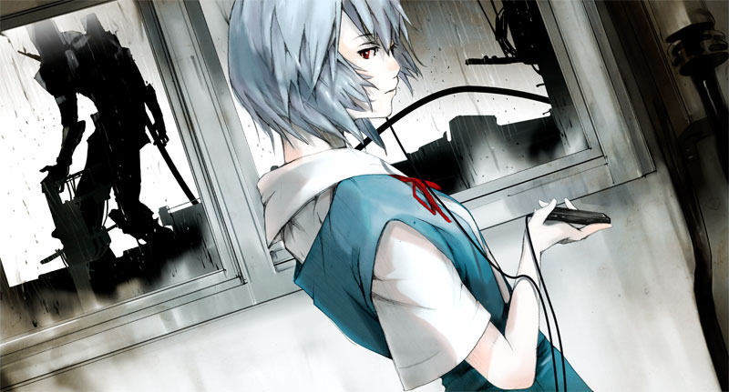 hanaosutarou, ayanami rei, eva 01, neon genesis evangelion, 1girl, blue hair, earphones, female focus, headphones, pale skin, rain, red eyes, school uniform, serafuku, short hair, solo, window