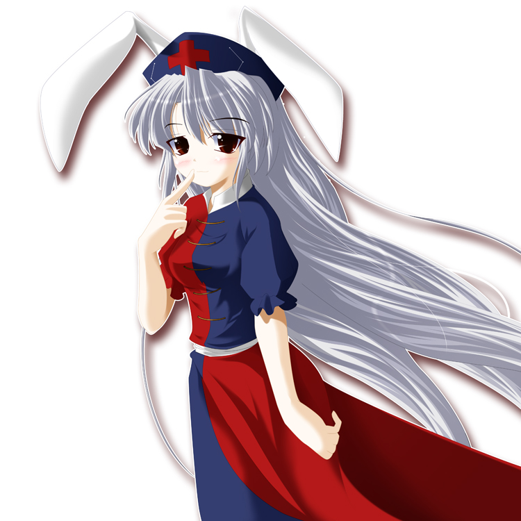 yagokoro eirin, touhou, 1girl, animal ears, breasts, dress, female focus, hat, nurse cap, rabbit ears, solo, white background, white hair