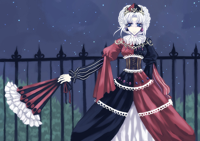 yagokoro eirin, touhou, 1girl, adapted costume, alternate costume, crown, dress, female focus, formal clothes, gem, hand fan, night, solo, star (sky), star (symbol), tiara, white hair