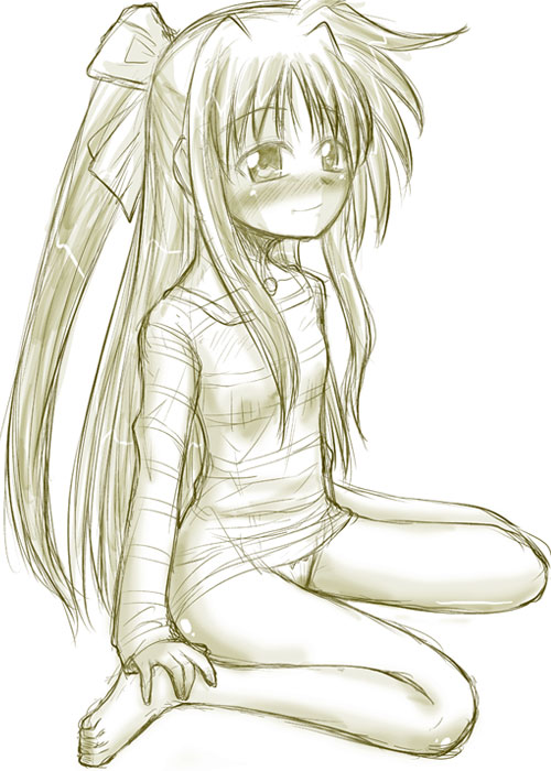 mitsurugi tsurugi, fate testarossa, lyrical nanoha, mahou shoujo lyrical nanoha, 00s, 1girl, blush, female focus, long hair, monochrome, no pants, panties, ponytail, sitting, solo, underwear, wariza, yellow theme