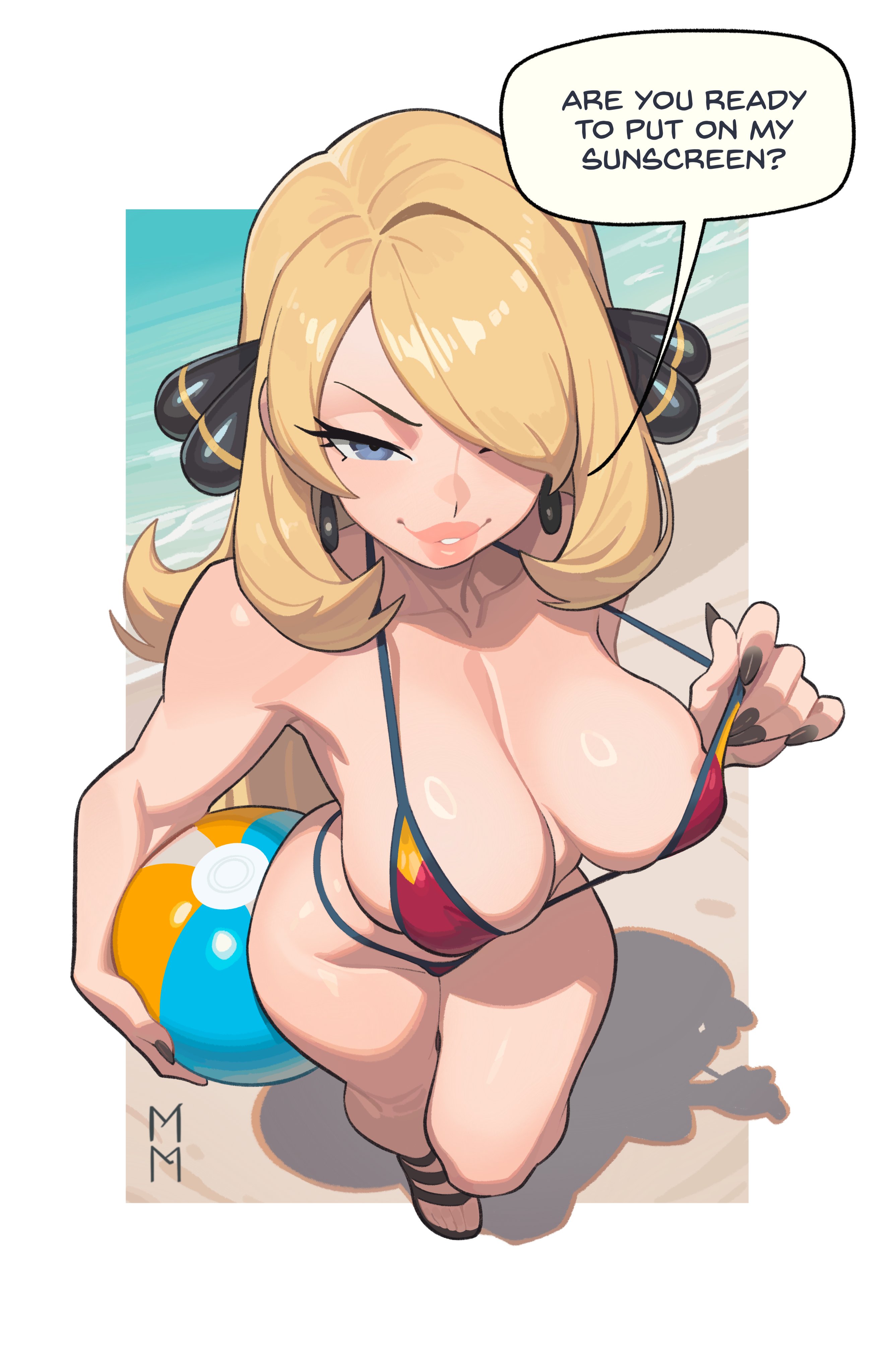 marsupial man, cynthia (pokemon), nintendo, pokemon, pokemon dppt, absurdres, highres, 1girl, ball, bare shoulders, beach, beachball, bikini, blonde hair, breasts, brown nails, collarbone, curvy, earrings, eyelashes, from above, full body, furrowed brow, grey eyes, hair ornament, hair over one eye, hair over shoulder, holding, holding ball, holding beachball, jewelry, large breasts, lips, long hair, looking at viewer, narrowed eyes, naughty face, ocean, parted lips, puffy lips, red bikini, sand, sandals, sidelocks, signature, solo, speech bubble, string bikini, swimsuit, thighs, waves
