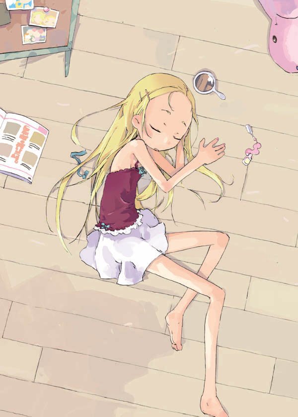 hashimoto shin, asuka momoko, ojamajo doremi, 1girl, barefoot, child, cosmetics, feet, female focus, lying, makeup, nail polish, nail polish bottle, sleeping, solo