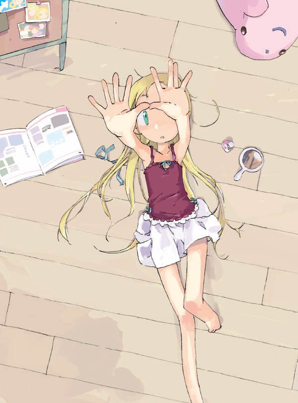 hashimoto shin, asuka momoko, ojamajo doremi, 1girl, barefoot, child, cosmetics, female focus, foreshortening, lying, makeup, nail polish bottle, solo