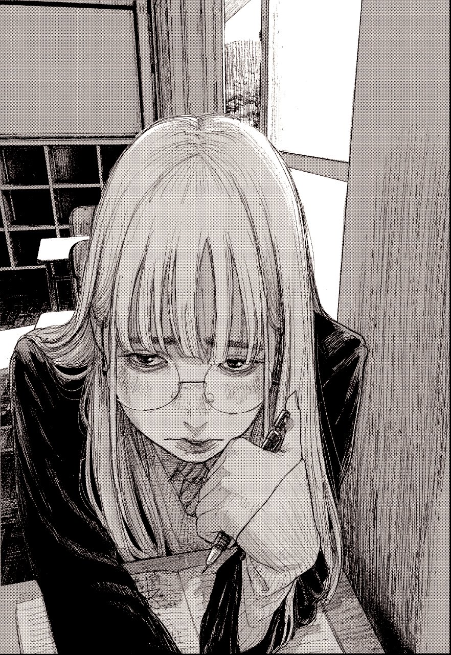 owk bsh yy, original, highres, 1girl, blush, chair, classroom, collared shirt, desk, elbow rest, from above, glasses, greyscale, hair behind ear, hatching (texture), holding, holding pencil, jacket, journal, leaning forward, lips, long hair, long sleeves, looking to the side, mechanical pencil, monochrome, necktie, pencil, ribbed sweater, school chair, school desk, school uniform, screentones, shelf, shirt, sitting, solo, sweater, sweater vest, window, wispy bangs