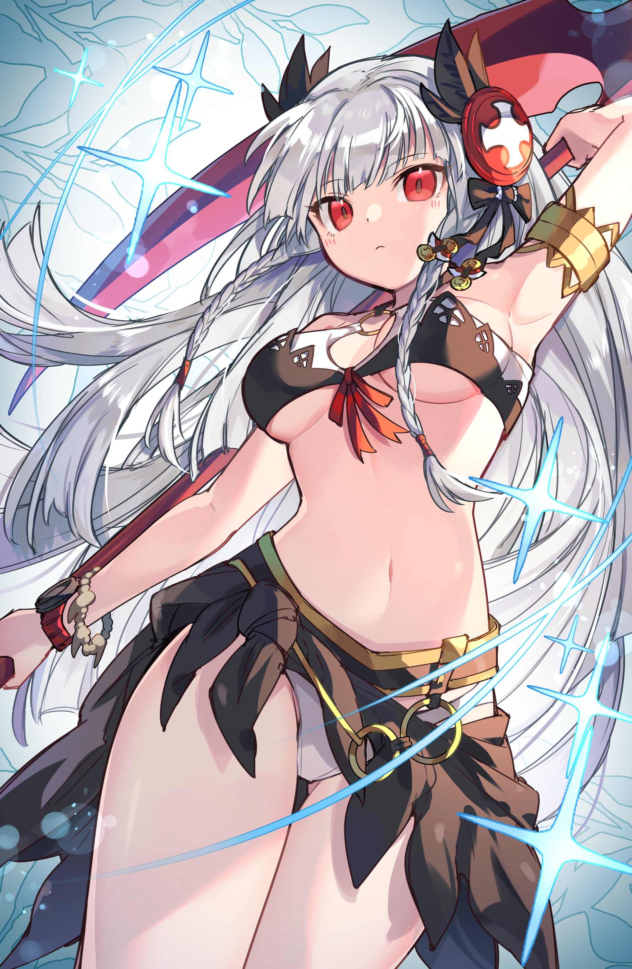 kuuron (moesann17), dark valkyrie (p&d), valkyrie (p&d), puzzle & dragons, absurdres, highres, 1girl, armlet, bikini, braid, breasts, hair ornament, holding, holding scythe, jewelry, long hair, looking at viewer, navel, o-ring, o-ring top, red eyes, sarong, scythe, solo, swimsuit, twin braids, underboob, white hair