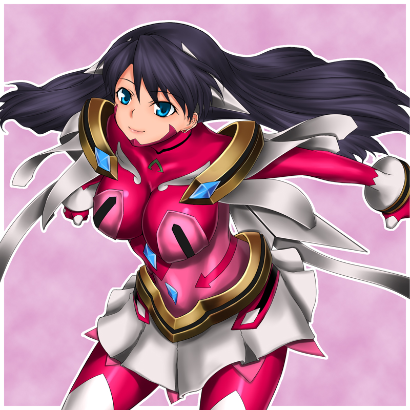 rokuichi, lena sayers, my-otome, my-otome s.ifr, 00s, 1girl, belt, bent over, black eyes, black hair, blue eyes, blue hair, bodysuit, breasts, cape, collarbone, cowboy shot, female focus, gloves, headgear, large breasts, long hair, looking at viewer, matching hair/eyes, outstretched arms, skin tight, skirt, solo, very long hair, white gloves, white skirt