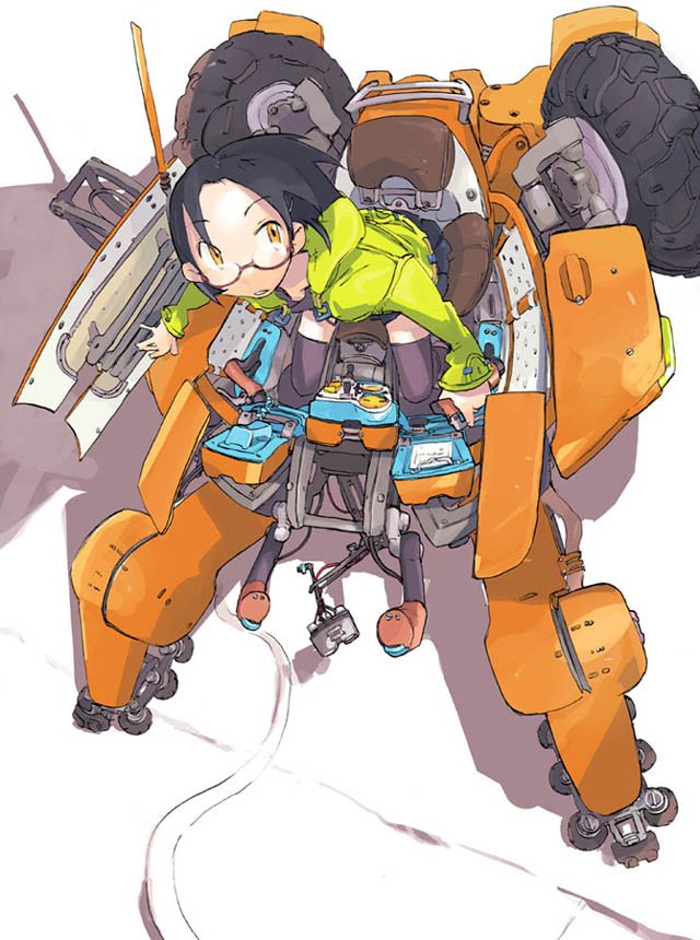 hashimoto shin, original, 1girl, black hair, female focus, glasses, hood, hoodie, jacket, mecha, robot, short hair, solo, thighhighs