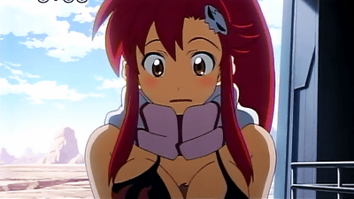 boota (ttgl), yoko littner, tengen toppa gurren lagann, animated, animated gif, anime screenshot, lowres, 00s, 1girl, animal, animal between breasts, between breasts, bikini, bikini top only, blinking, blush, bouncing breasts, breasts, cleavage, clock, clockshow, cloud, day, embarrassed, large breasts, long hair, mole, paizuri, penis, ponytail, red hair, sexually suggestive, skull, sky, solo, surprised, swimsuit