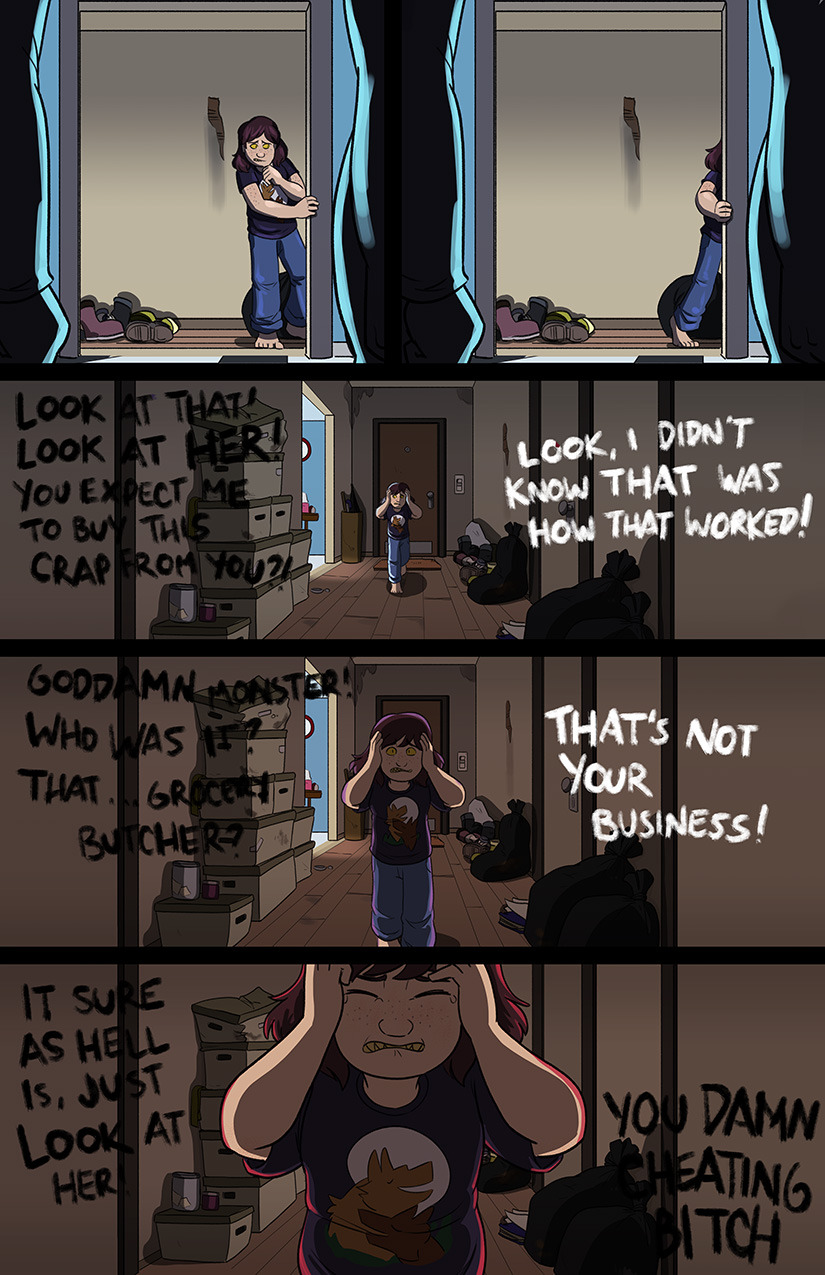 lynxgriffin, susie (deltarune), deltarune, utdr (toby fox), commentary, english commentary, highres, 1boy, 2girls, arguing, barefoot, box, brown hair, cardboard box, colored sclera, covering own ears, english text, father and daughter, freckles, implied cheating (relationship), messy room, mother and daughter, multiple girls, sharp teeth, tearing up, teeth, trash bag, yellow sclera