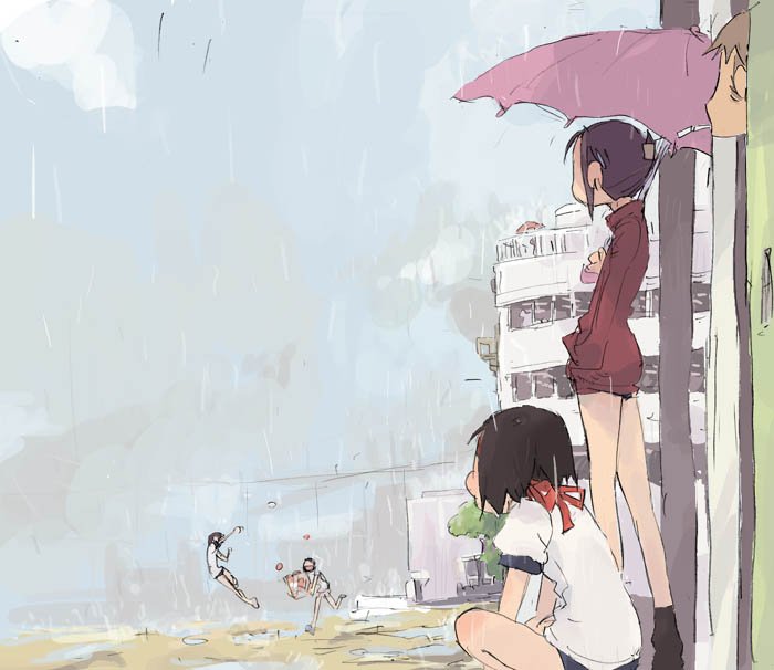 hashimoto shin, 1boy, 4girls, black hair, brown hair, buruma, cigarette, gym uniform, headband, multiple girls, outdoors, rain, red ribbon, ribbon, smoking, squatting, standing, umbrella