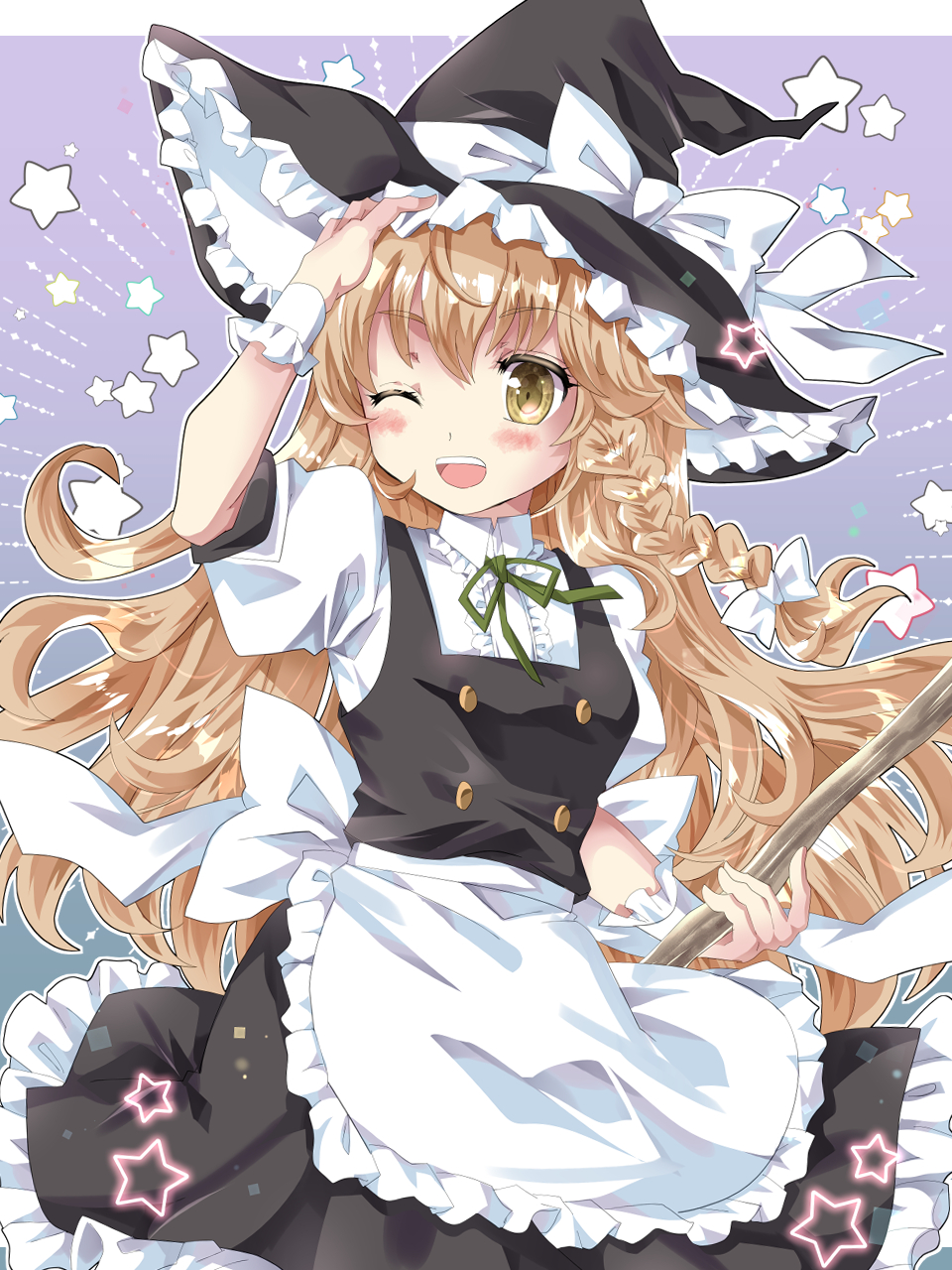 yoroi nau, kirisame marisa, touhou, highres, 1girl, apron, black hat, black skirt, black vest, blonde hair, bow, braid, broom, collared shirt, frilled hat, frilled skirt, frills, green ribbon, hair bow, hand on own head, hat, hat ribbon, holding, holding broom, long hair, neck ribbon, one eye closed, outline, puffy short sleeves, puffy sleeves, purple background, ribbon, shirt, short sleeves, single braid, skirt, solo, star (symbol), vest, waist apron, waist bow, white bow, white outline, white ribbon, white shirt, white wrist cuffs, witch hat, wrist cuffs, yellow eyes